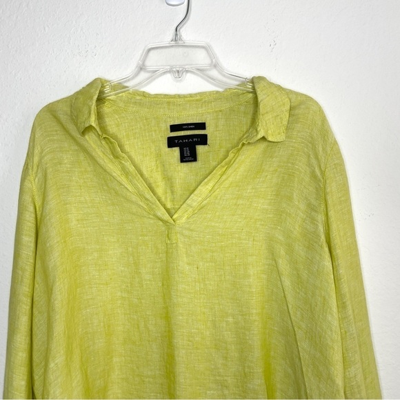 Tahari Lime Green 100% Linen Roll Tab Sleeve Tunic Size 1X V Neck Beach Boho - Picture 2 of 6
